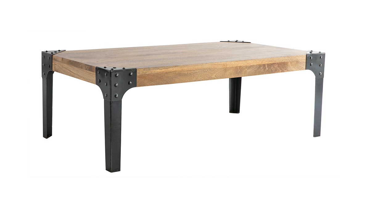 Table basse rectangulaire industrielle bois clair manguier massif et mtal noir L100 cm MADISON