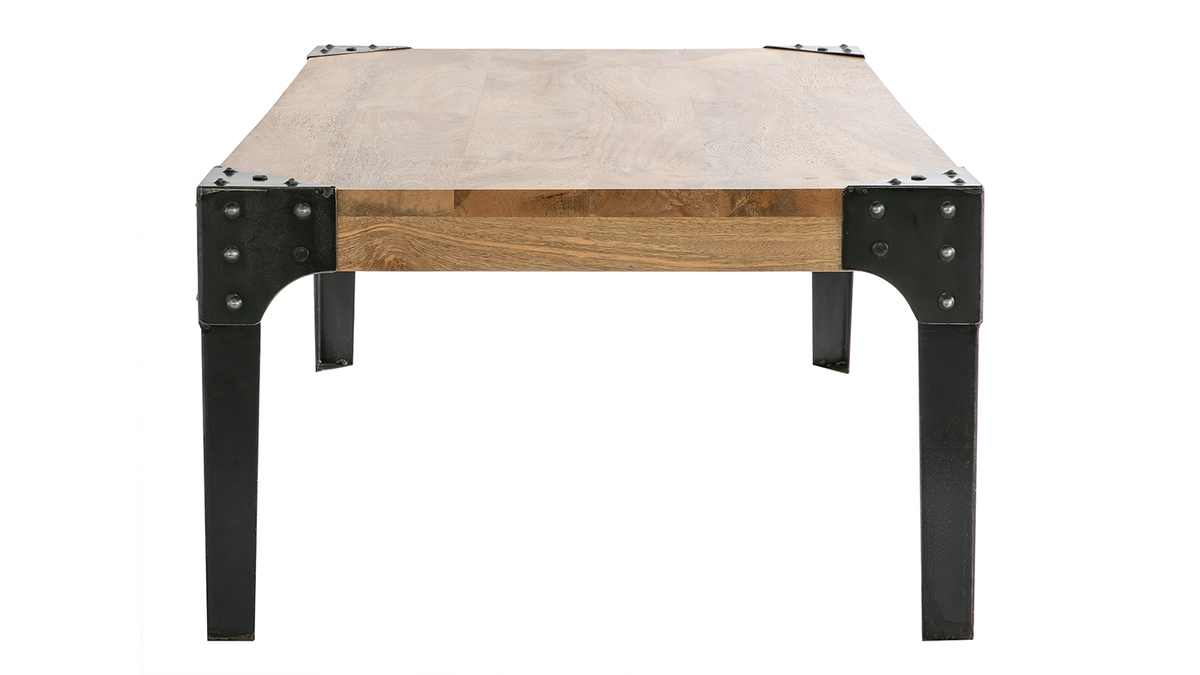 Table basse rectangulaire industrielle bois clair manguier massif et mtal noir L100 cm MADISON