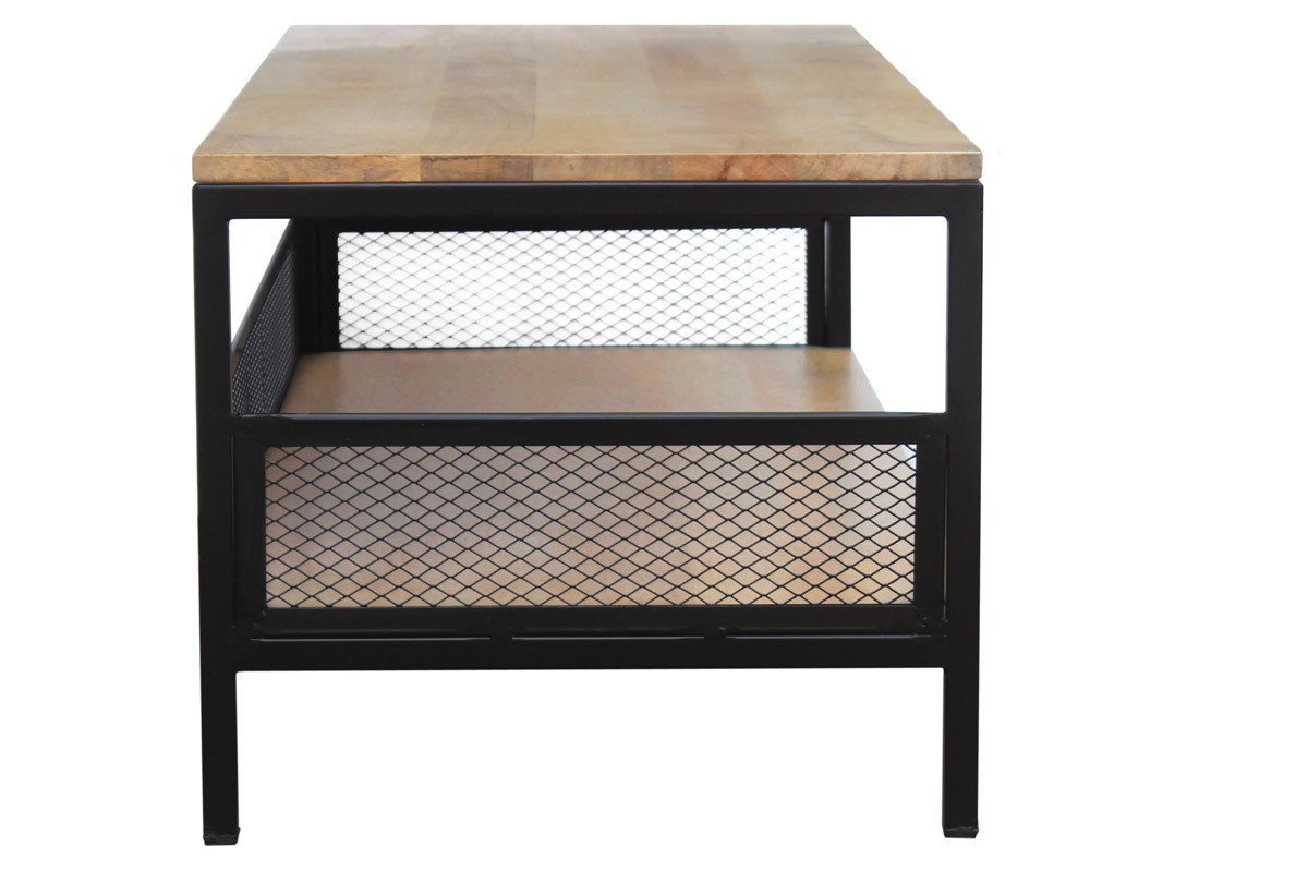 Table basse rectangulaire industrielle bois clair manguier massif et m�tal noir L110 cm RACK