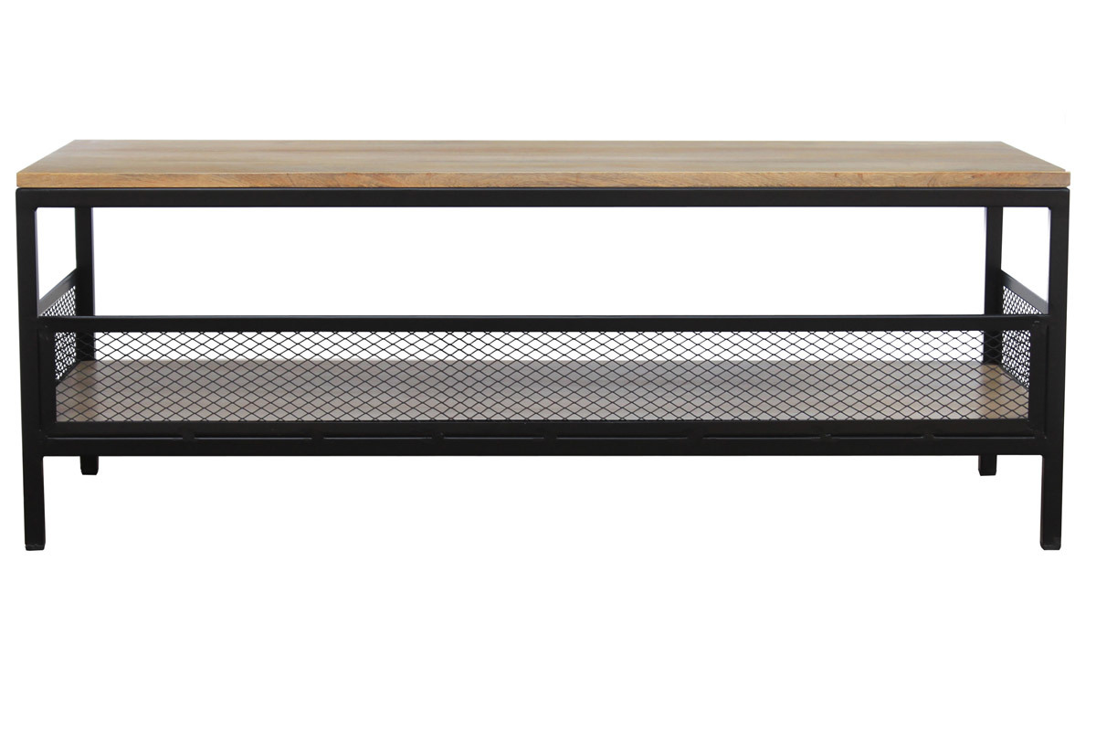 Table basse rectangulaire industrielle bois clair manguier massif et m�tal noir L110 cm RACK