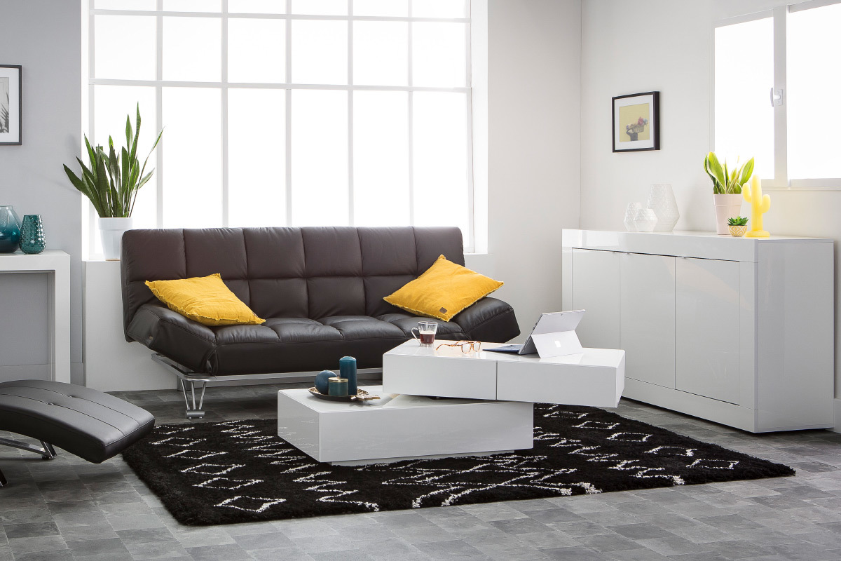 Table basse rectangulaire pivotante 4 tiroirs blanche ELEA
