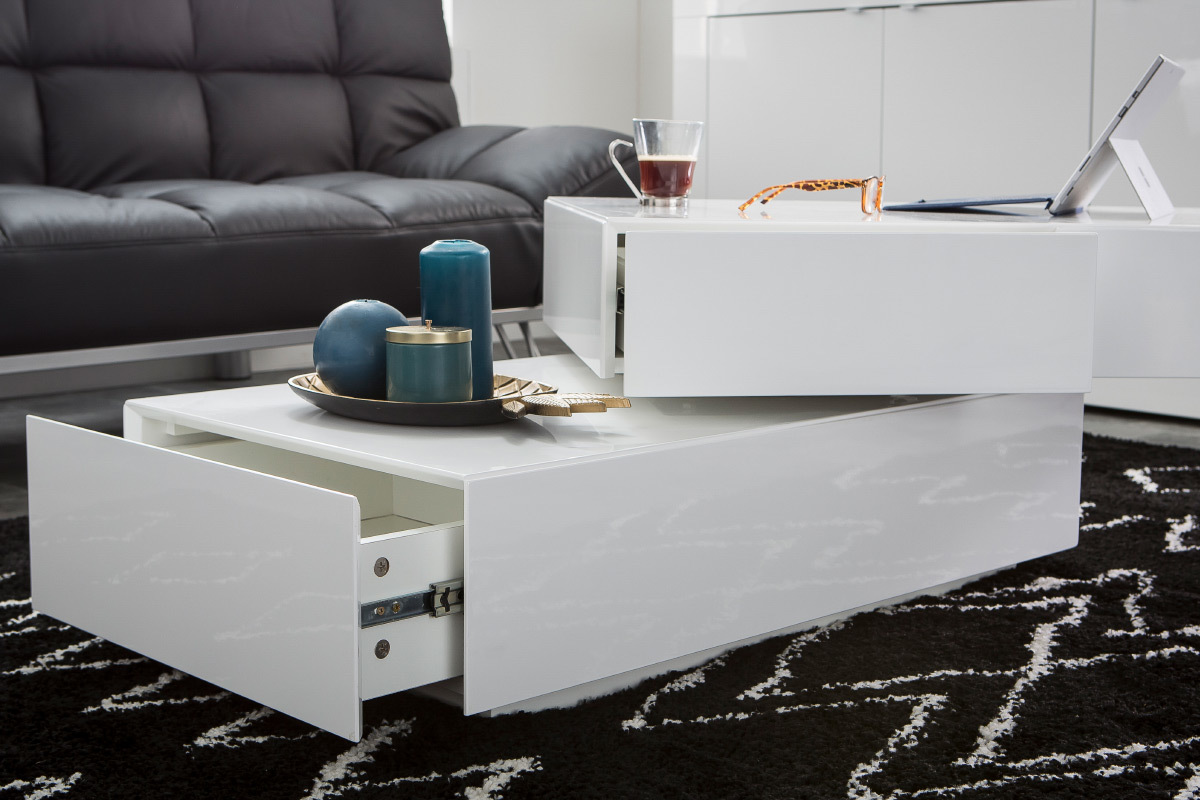 Table basse rectangulaire pivotante 4 tiroirs blanche ELEA