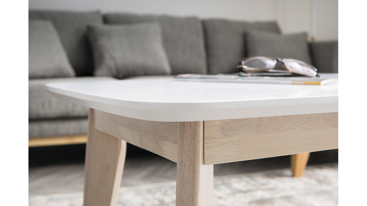 Table basse rectangulaire scandinave blanc et bois clair massif L105 cm LEENA