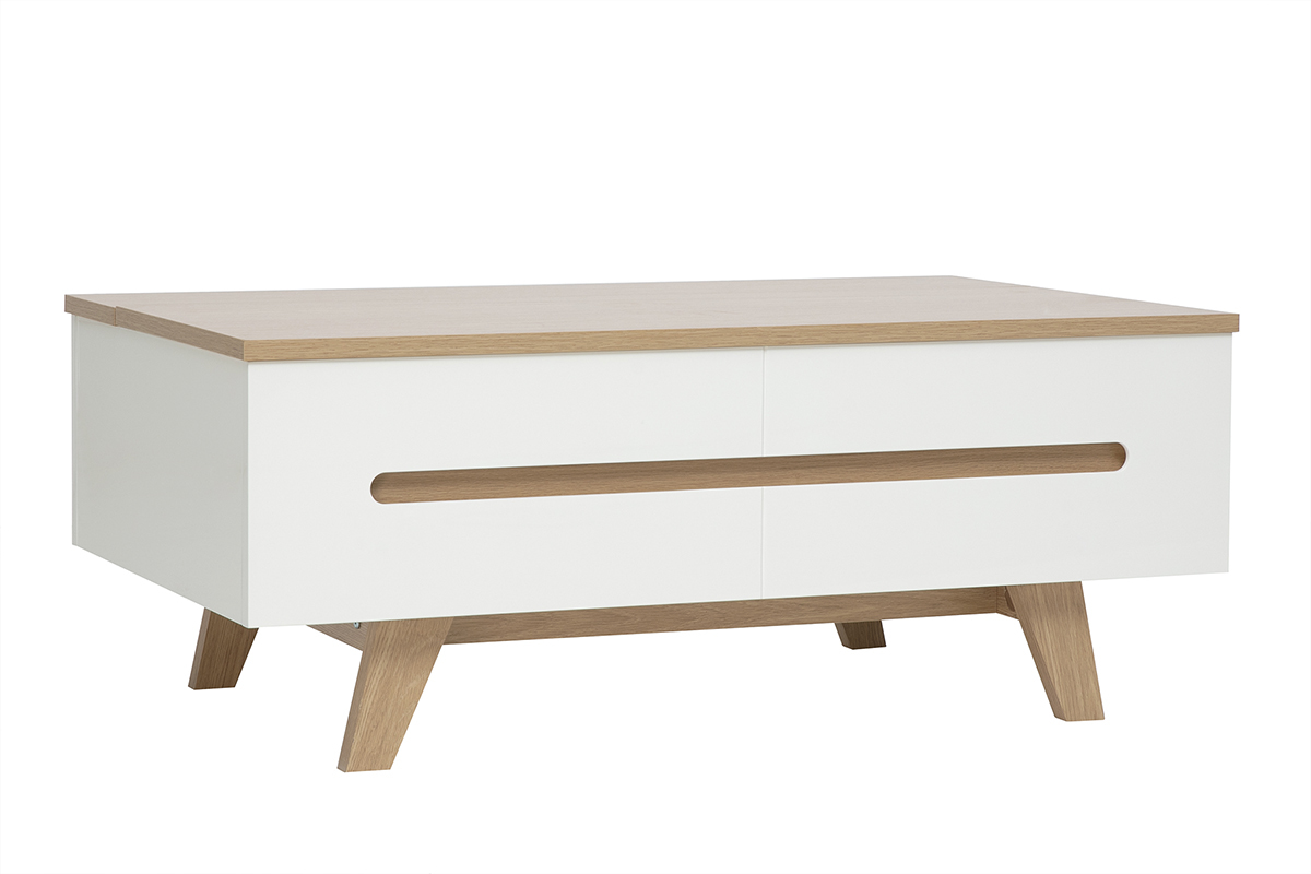 Table basse relevable blanche laqu�e brillante et finition bois clair L100 cm MELKA