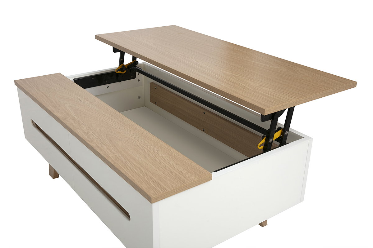 Table basse relevable blanche laqu�e brillante et finition bois clair L100 cm MELKA