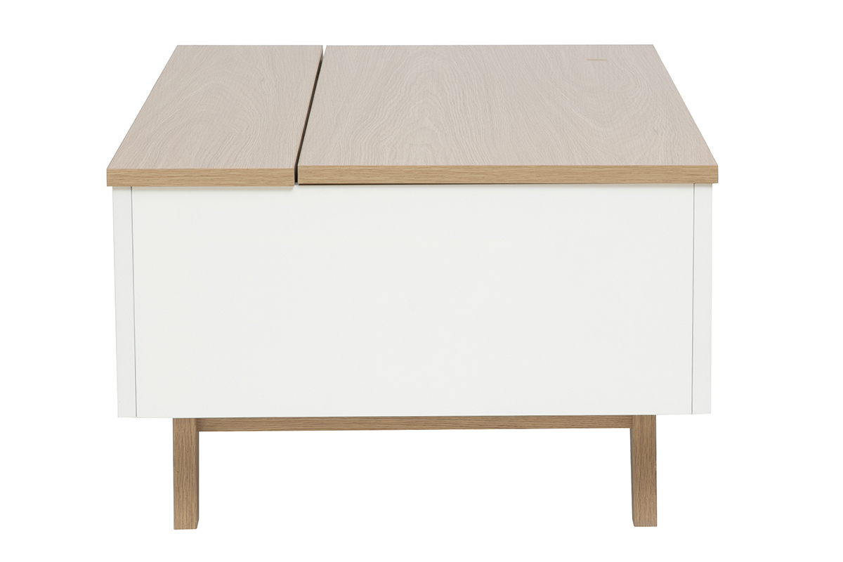 Table basse relevable blanche laqu�e brillante et finition bois clair L100 cm MELKA