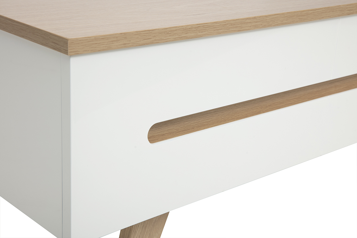 Table basse relevable blanche laqu�e brillante et finition bois clair L100 cm MELKA