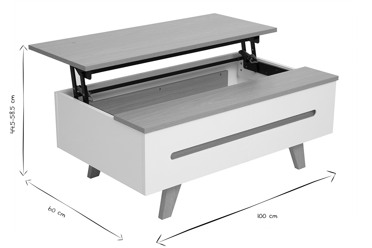 Table basse relevable blanche laqu�e brillante et finition bois clair L100 cm MELKA