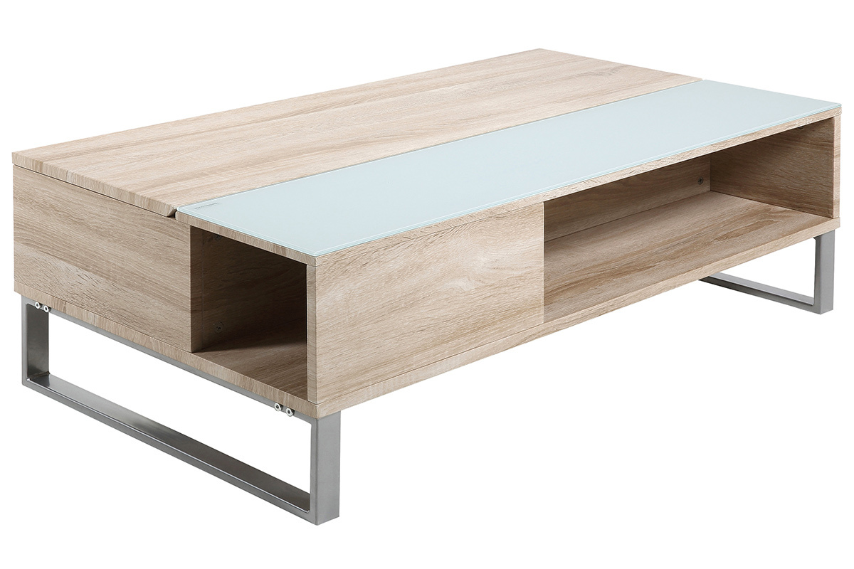 Table basse relevable bois clair et verre fum� blanc WYNN