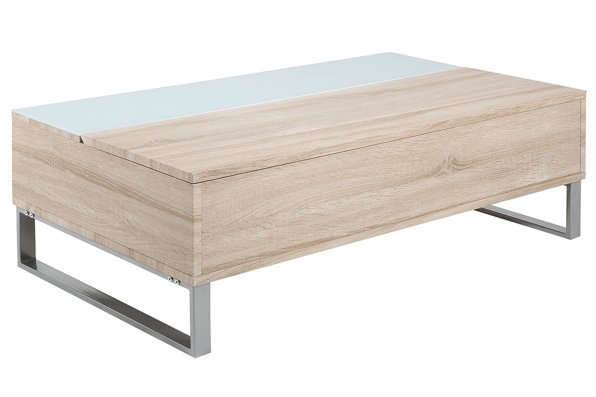 Table basse relevable bois clair et verre fum� blanc WYNN