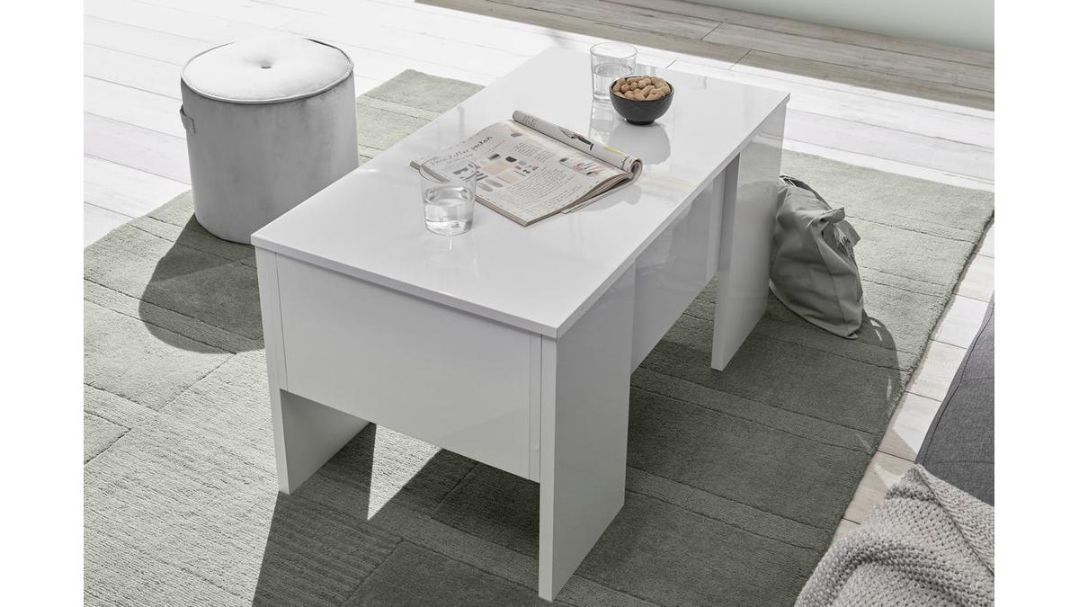 Table basse relevable design blanc laqué brillant L92 cm COMO