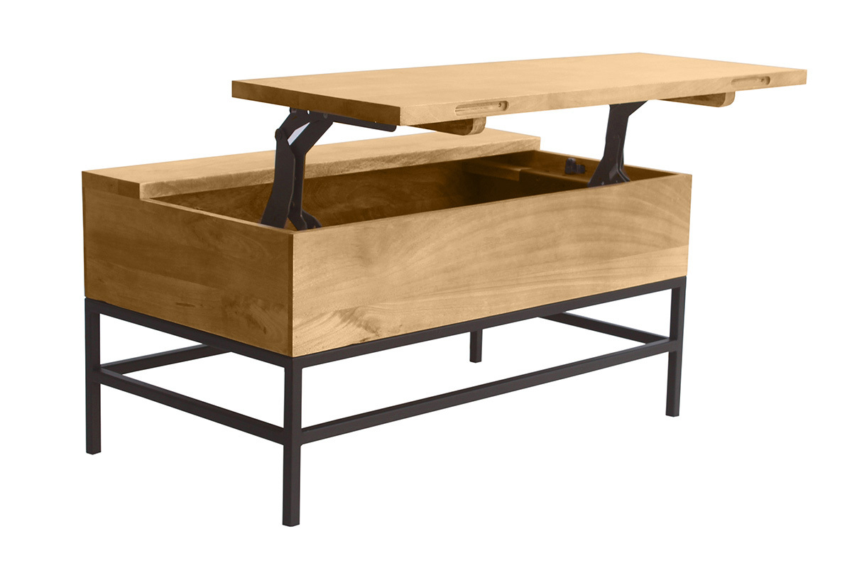 Table basse relevable industrielle bois manguier massif et mtal noir L90 cm YPSTER