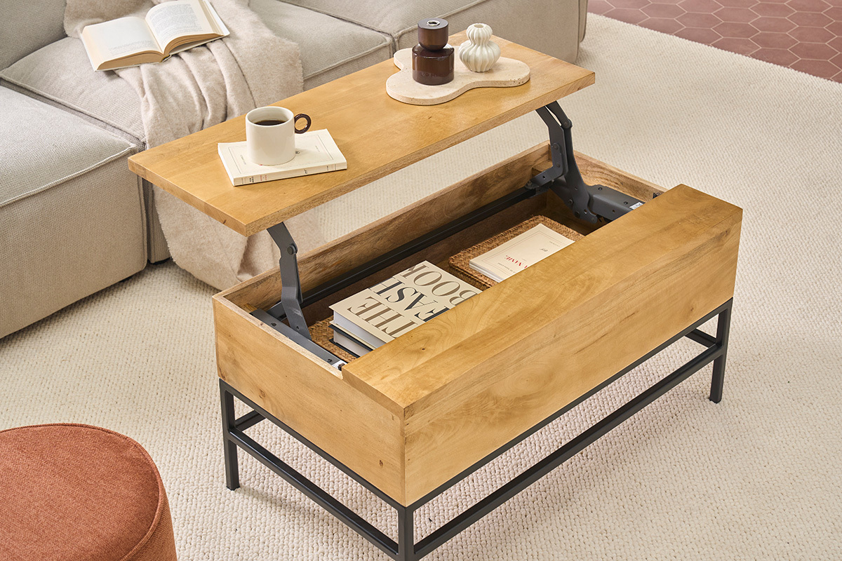 Table basse relevable industrielle bois manguier massif et m�tal noir L90 cm YPSTER