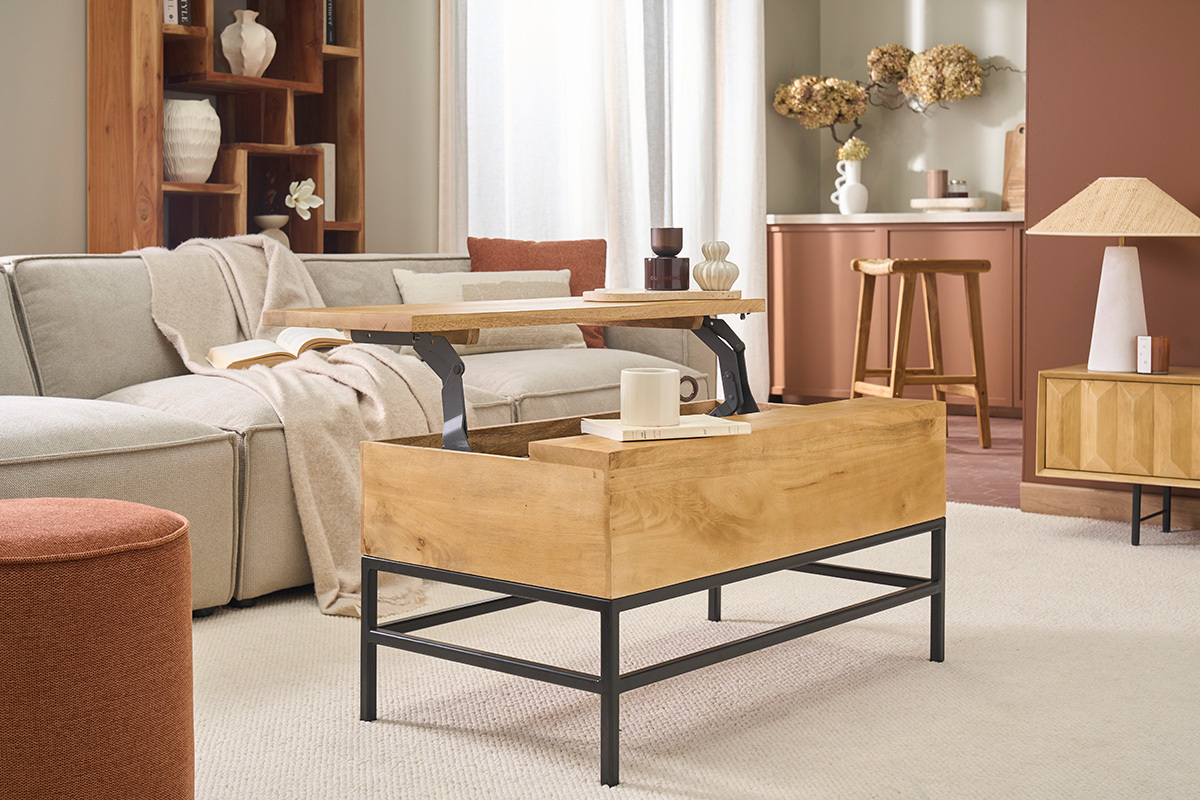 Table basse relevable industrielle bois manguier massif et m�tal noir L90 cm YPSTER