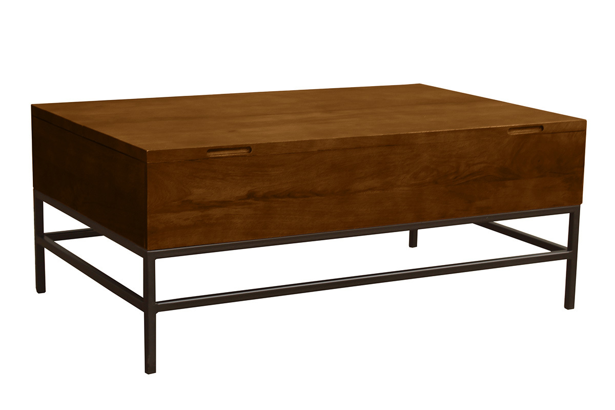 Table basse relevable industrielle bois manguier massif teint et mtal noir L110 cm YPSTER
