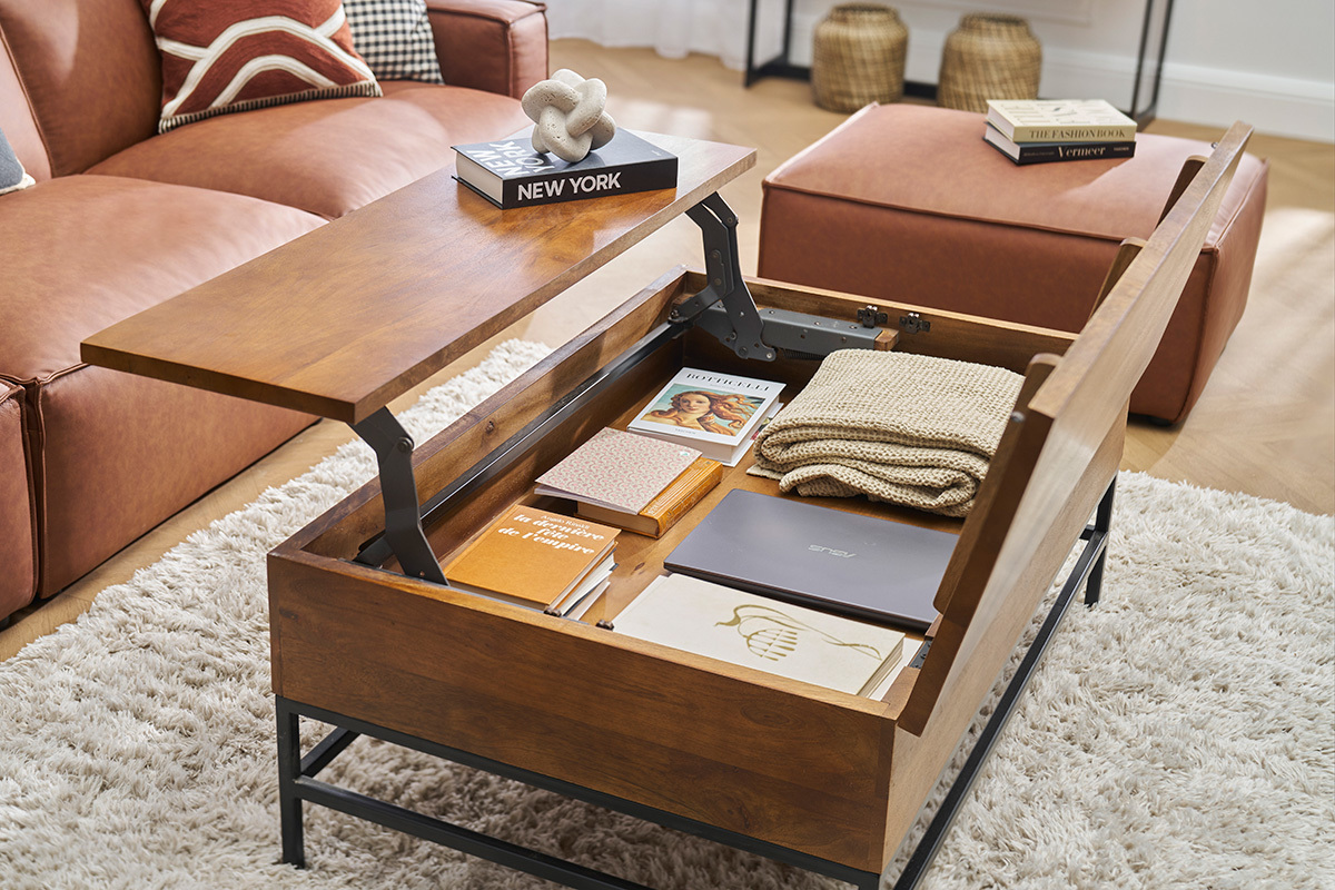 Table basse relevable industrielle bois manguier massif teint et mtal noir L110 cm YPSTER