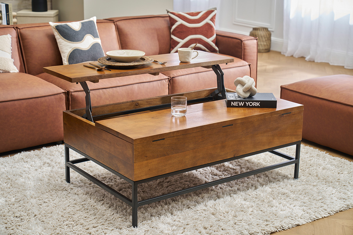 Table basse relevable industrielle bois manguier massif teint et mtal noir L110 cm YPSTER