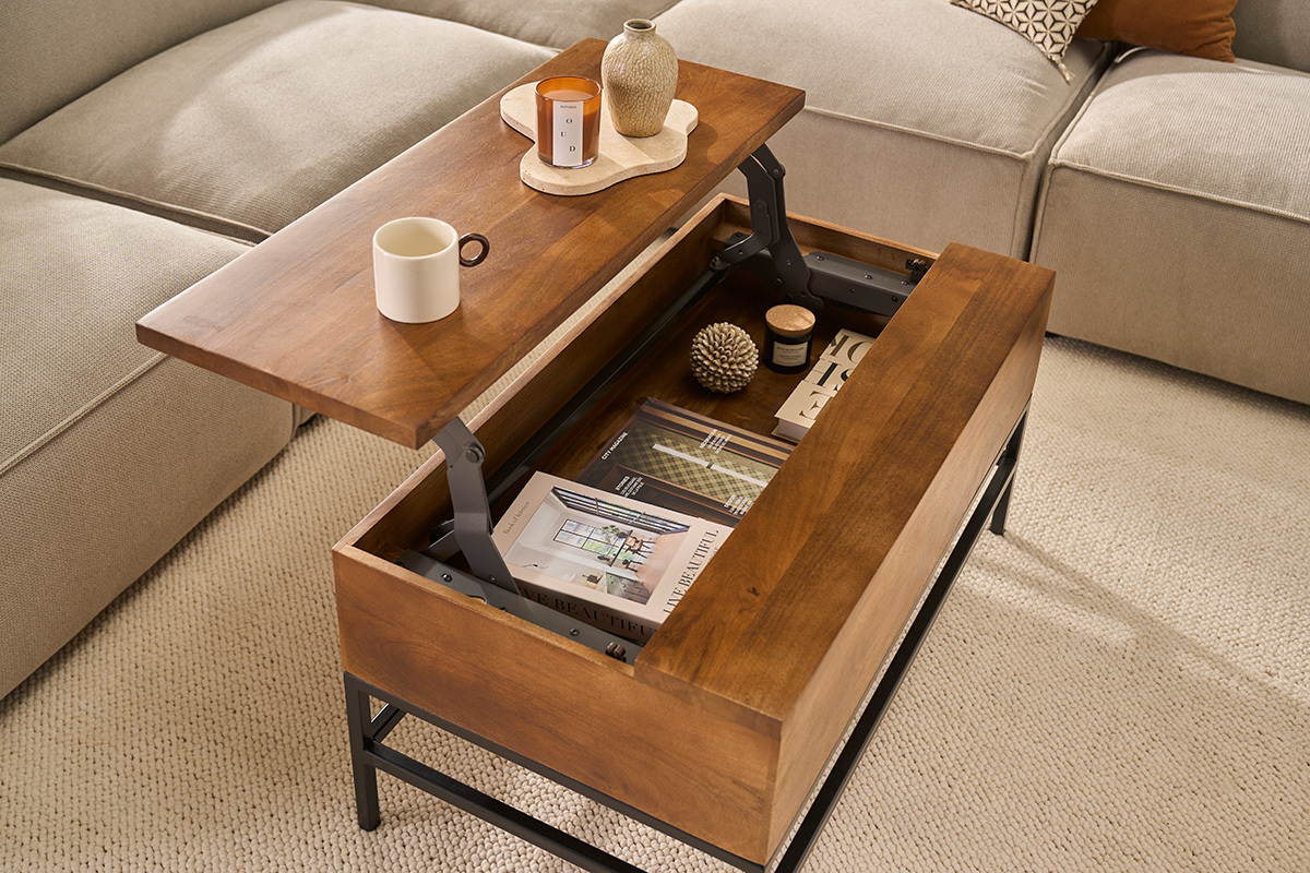 Table basse relevable industrielle bois manguier massif teint� et m�tal noir L90 cm YPSTER