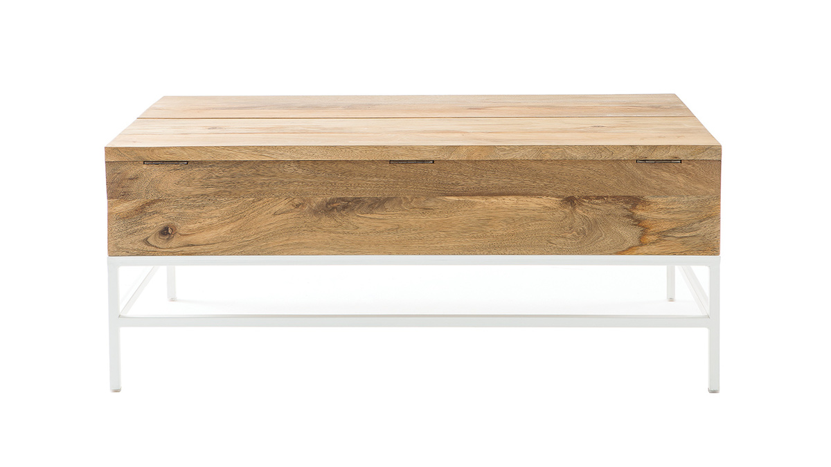 Table basse relevable rectangulaire bois clair manguier massif et mtal blanc L110 cm BOHO