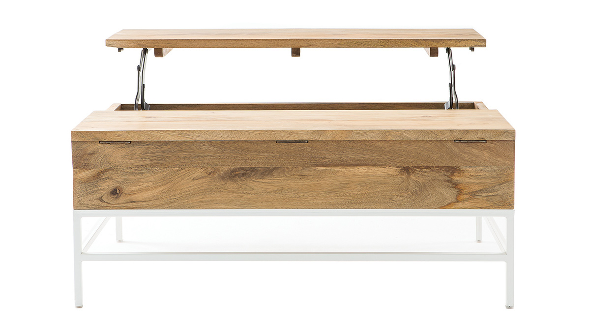 Table basse relevable rectangulaire bois clair manguier massif et mtal blanc L110 cm BOHO