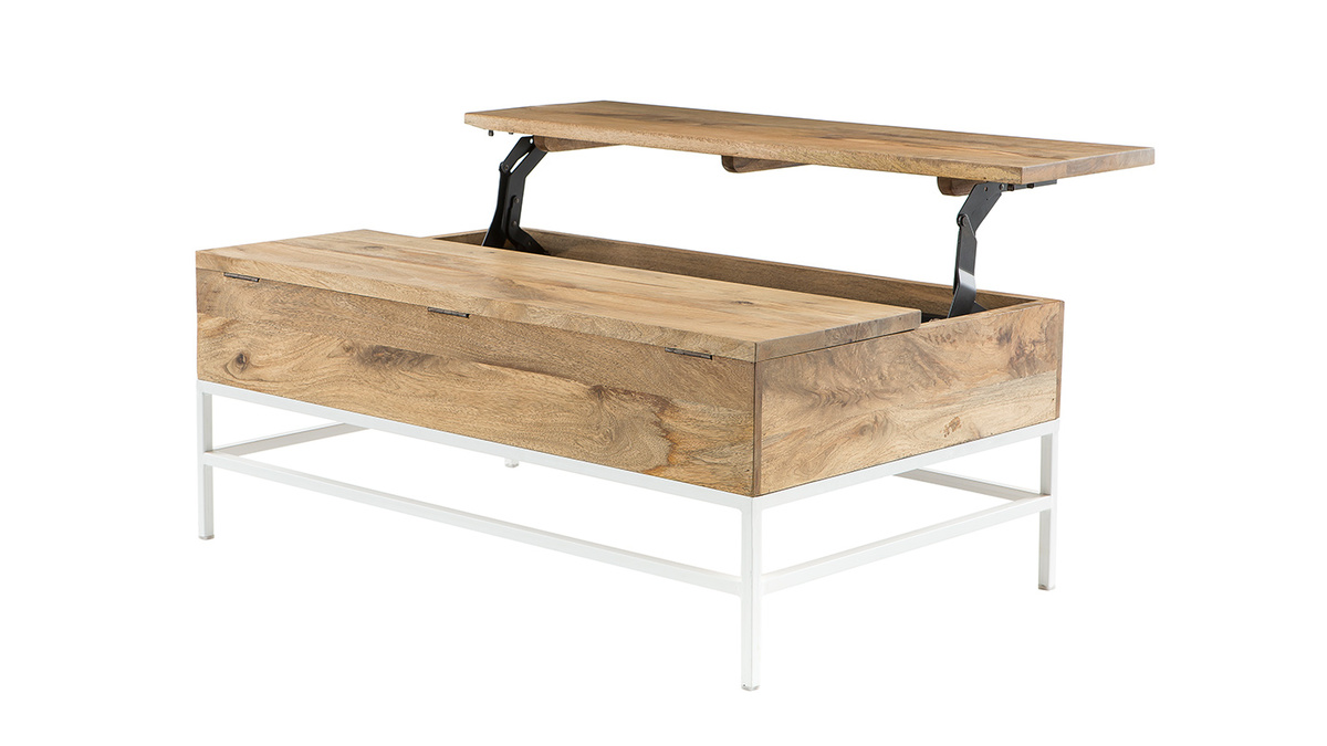 Table basse relevable rectangulaire bois clair manguier massif et mtal blanc L110 cm BOHO