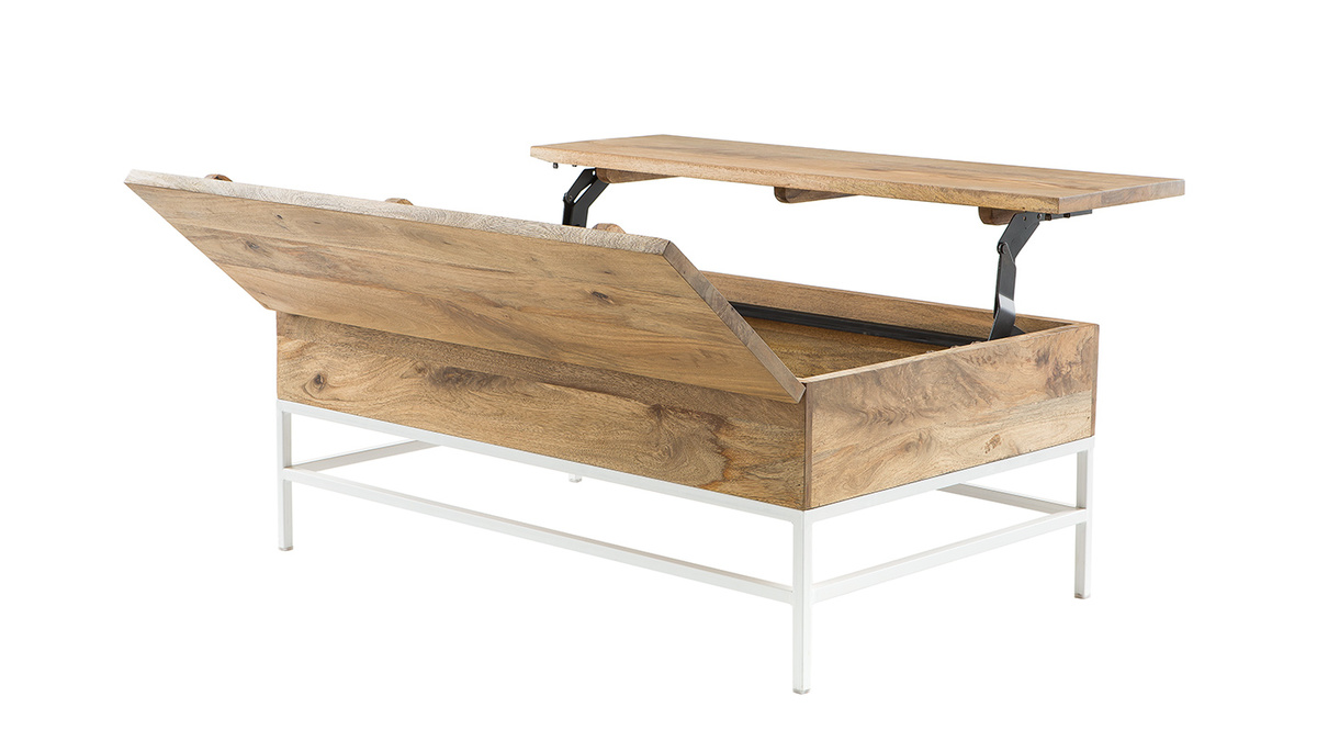 Table basse relevable rectangulaire bois clair manguier massif et mtal blanc L110 cm BOHO