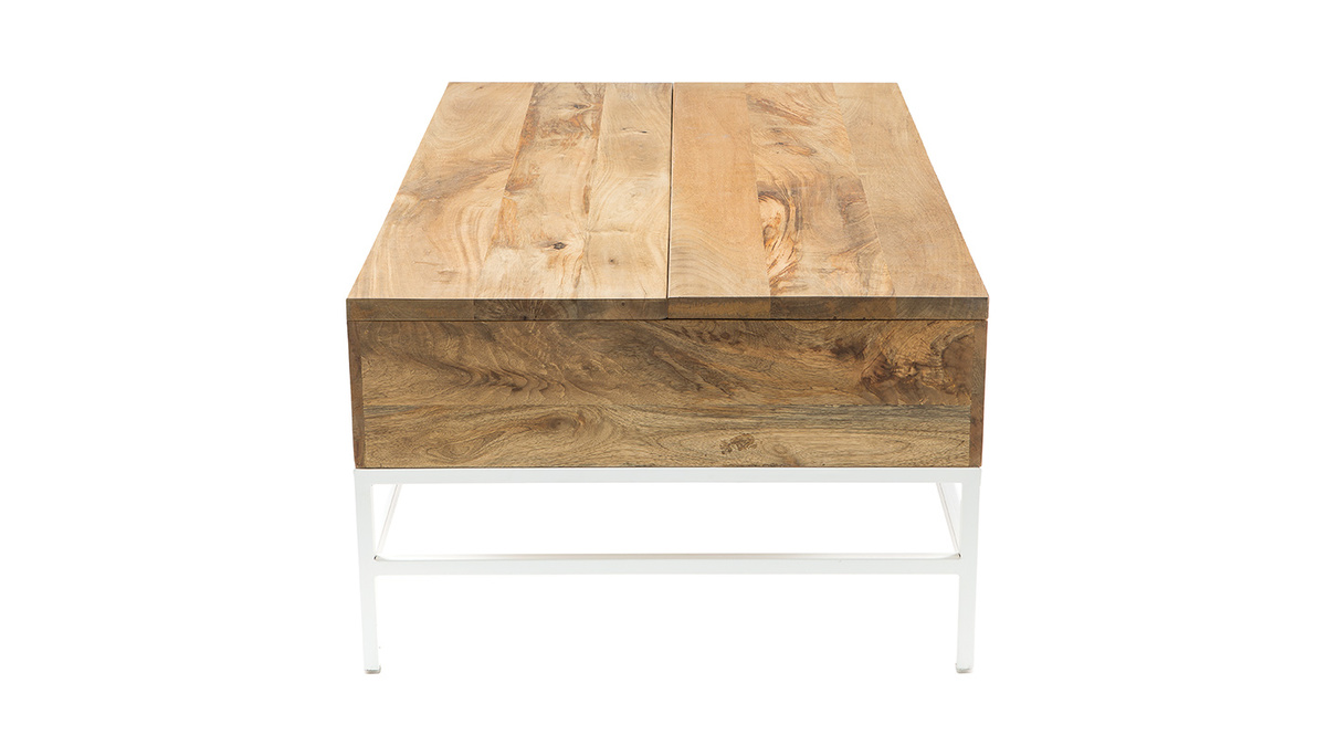 Table basse relevable rectangulaire bois clair manguier massif et mtal blanc L110 cm BOHO