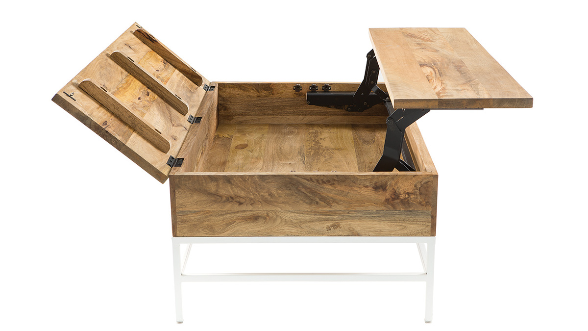 Table basse relevable rectangulaire bois clair manguier massif et mtal blanc L110 cm BOHO