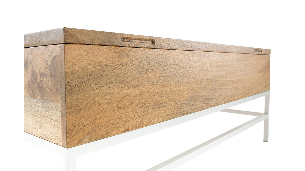 Table basse relevable rectangulaire bois clair manguier massif et mtal blanc L110 cm BOHO