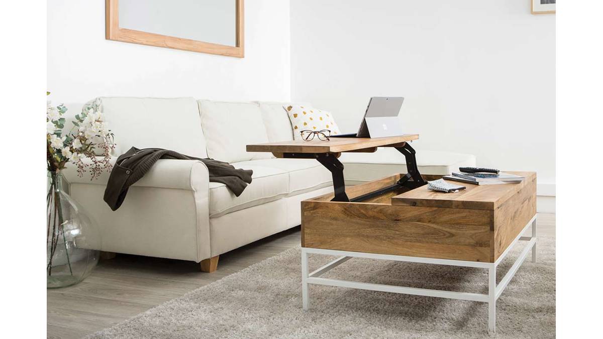 Table basse relevable rectangulaire bois clair manguier massif et mtal blanc L110 cm BOHO