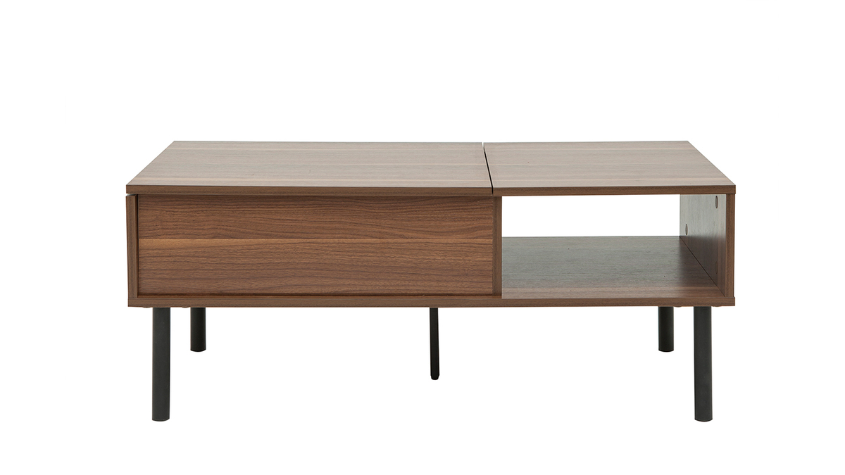 Table basse relevable rectangulaire bois fonc finition noyer et mtal noir L100 cm KANE