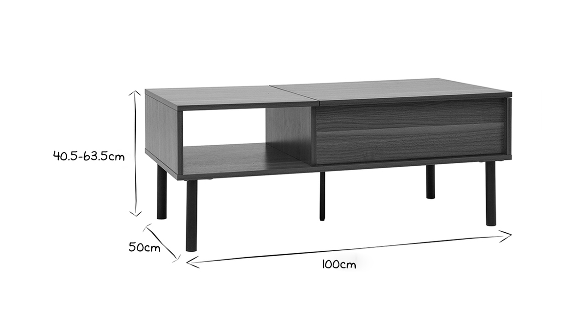 Table basse relevable rectangulaire bois fonc finition noyer et mtal noir L100 cm KANE