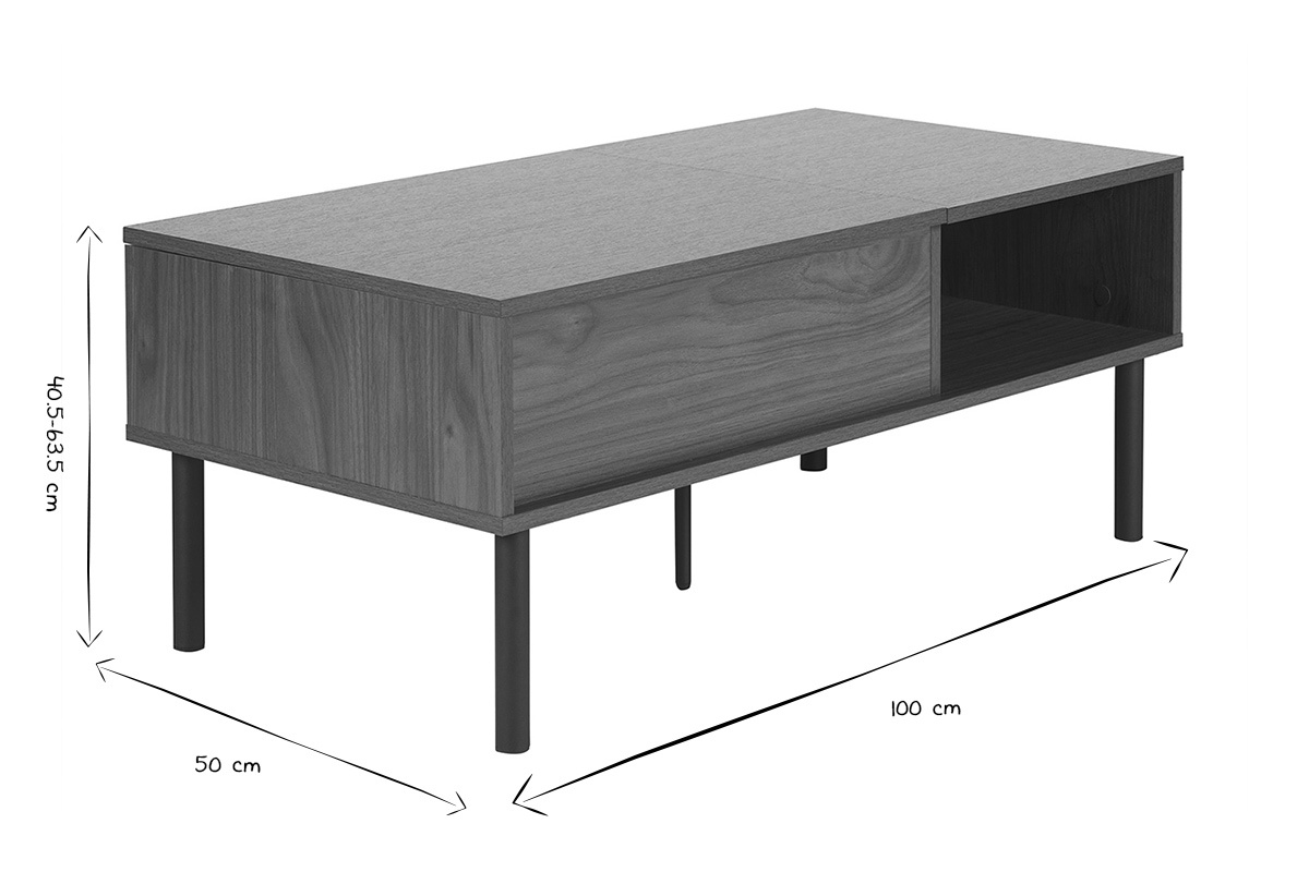 Table basse relevable rectangulaire bois fonc� finition noyer et m�tal noir L100 cm KANE