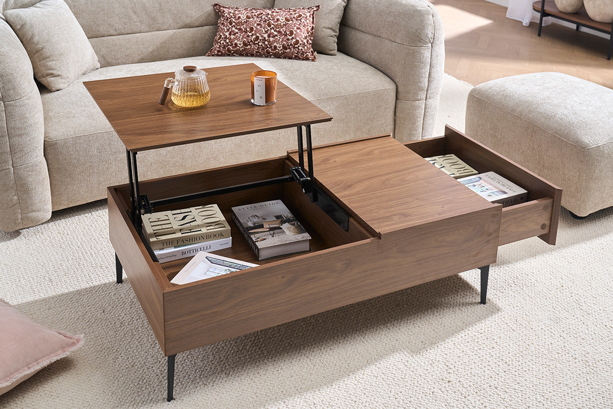 Table basse relevable rectangulaire bois fonc� finition noyer et m�tal noir L103 cm SEDA