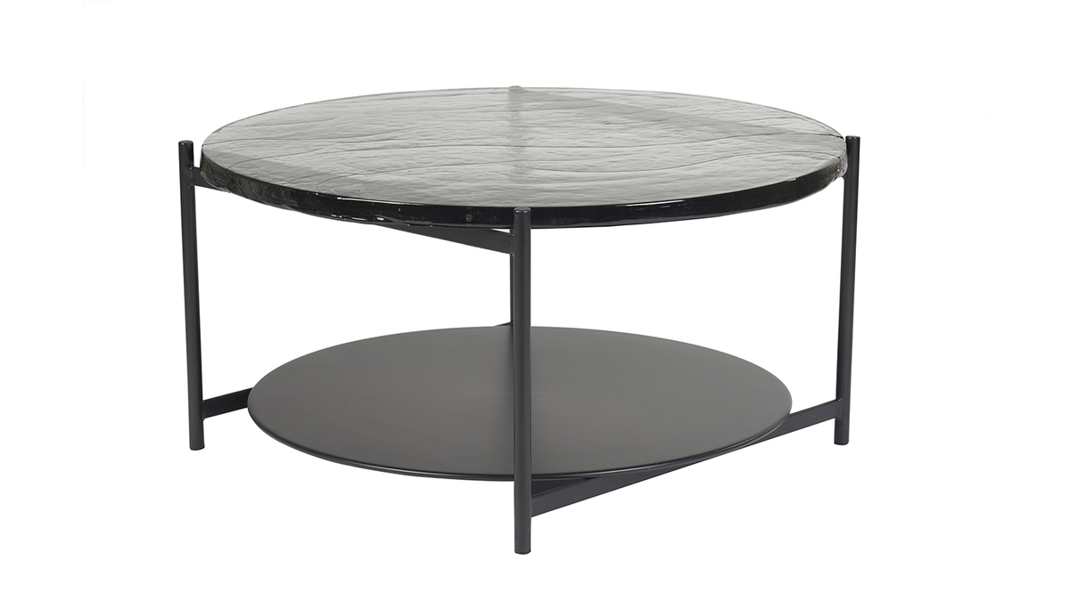 Table basse ronde avec double plateau en verre recycl et mtal noir D85 cm WELLE
