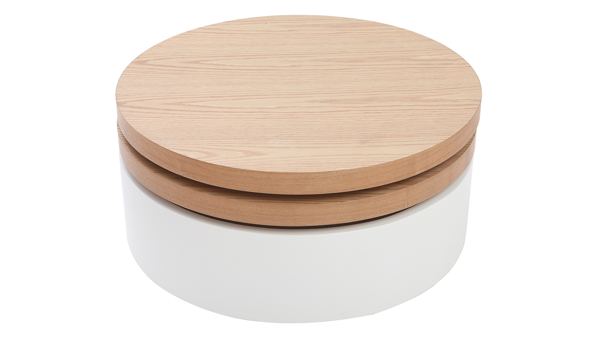 Table basse ronde avec plateaux pivotants et rangement blanc et bois clair chne D80 cm ICON