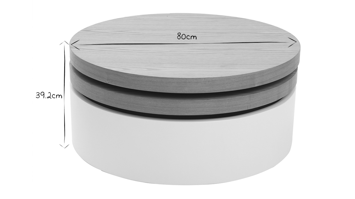 Table basse ronde avec plateaux pivotants et rangement blanc et bois clair chêne D80 cm ICON