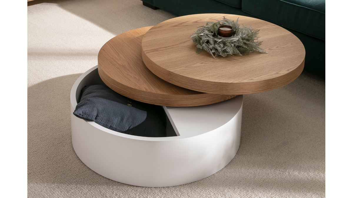 Table basse ronde avec plateaux pivotants et rangement blanc et bois clair chêne D80 cm ICON