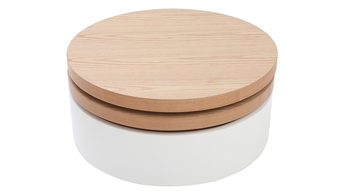 Table basse ronde avec plateaux pivotants et rangement blanc et bois ICON