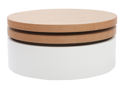 Table basse ronde avec plateaux pivotants et rangement blanc et bois ICON