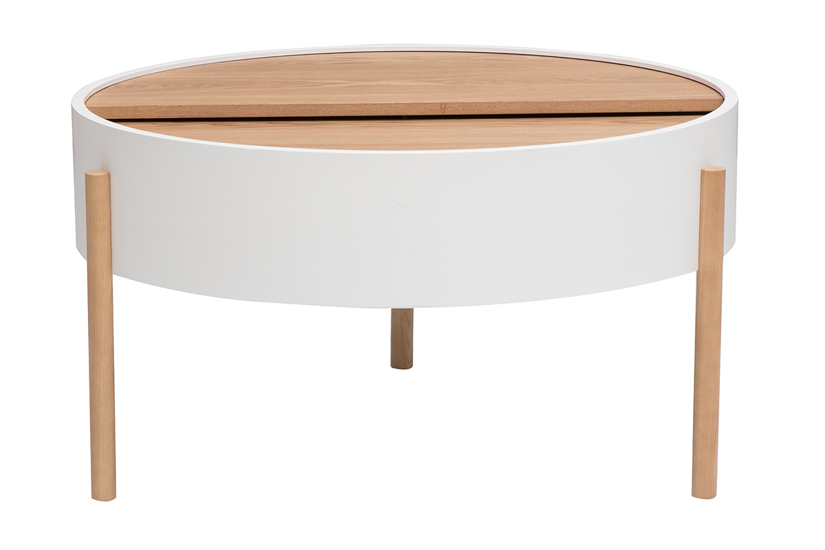 Table basse ronde blanche et bois clair fr�ne avec plateau pivotant et rangement D80 cm YOLINE