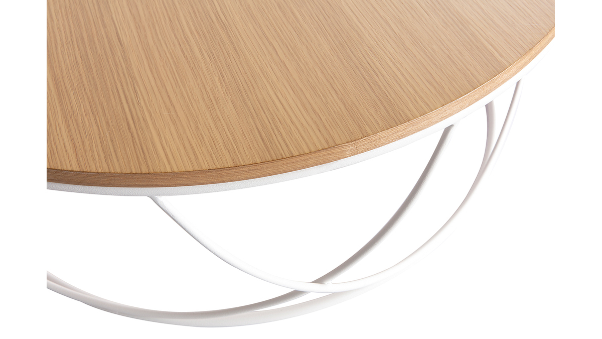 Table basse ronde bois clair chne et mtal blanc D80 cm LACE