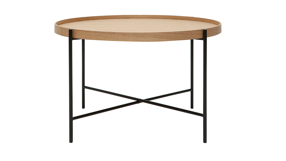 Table basse ronde bois clair et mtal noir D75 cm BASSY