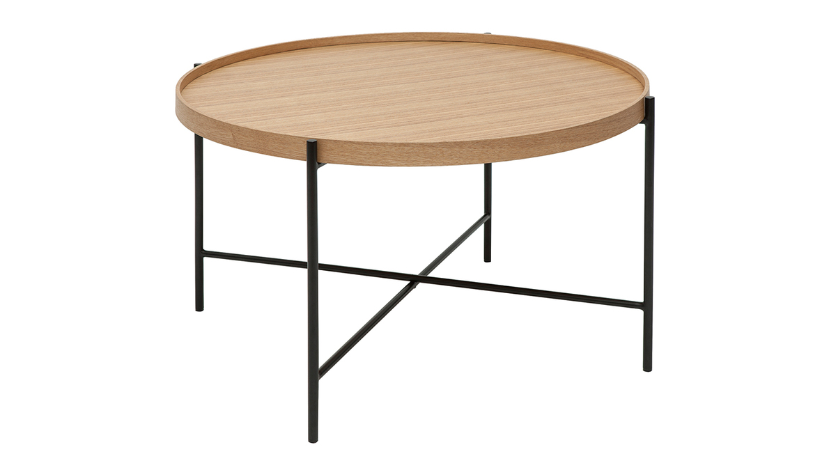Table basse ronde bois clair et mtal noir D75 cm BASSY