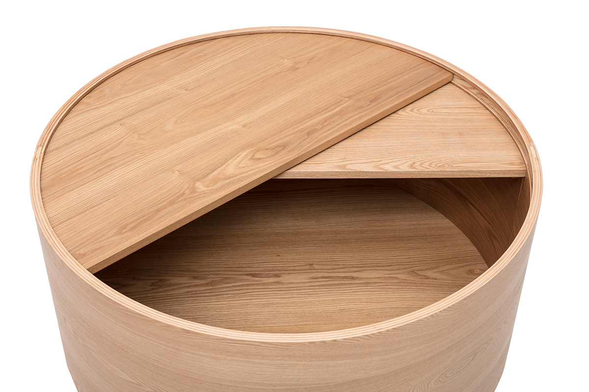 Table basse ronde bois clair fr�ne avec plateau pivotant et rangement D80 cm DALI