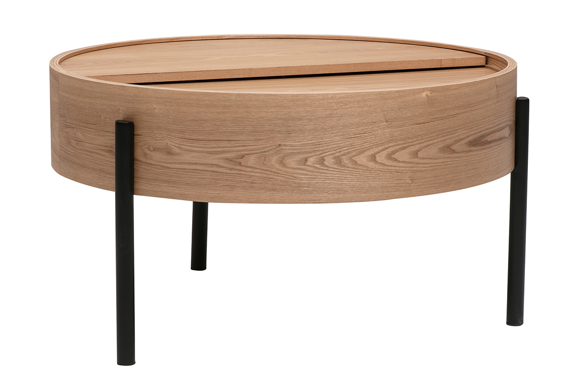 Table basse ronde bois clair fr�ne et m�tal noir avec plateau pivotant et rangement D80 cm YOLINE
