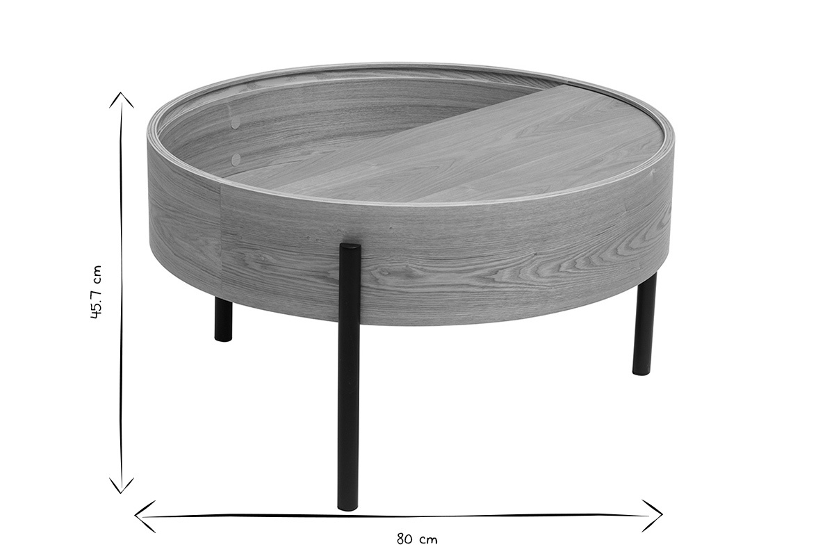 Table basse ronde bois clair fr�ne et m�tal noir avec plateau pivotant et rangement D80 cm YOLINE