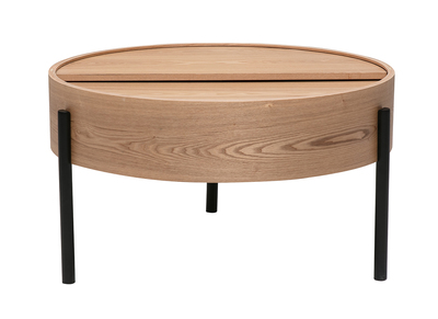 Table basse ronde bois clair fr&ecirc;ne et m&eacute;tal noir avec plateau pivotant et rangement D80 cm YOLINE