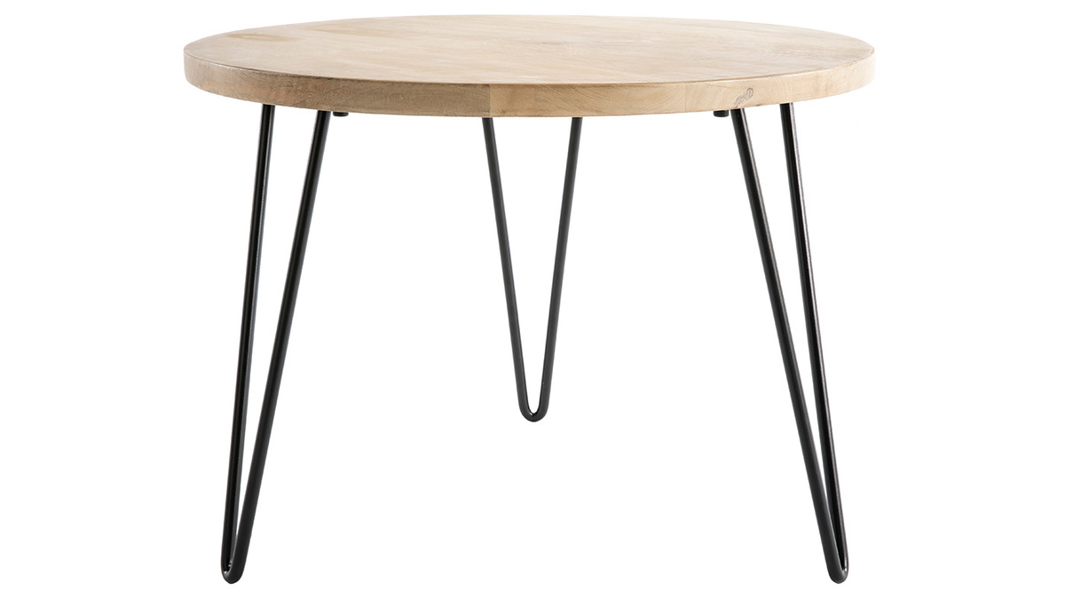Table basse ronde bois clair manguier massif et mtal noir D60 cm VIBES