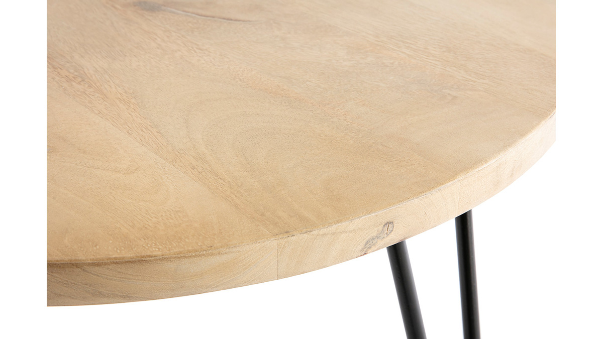 Table basse ronde bois clair manguier massif et mtal noir D60 cm VIBES